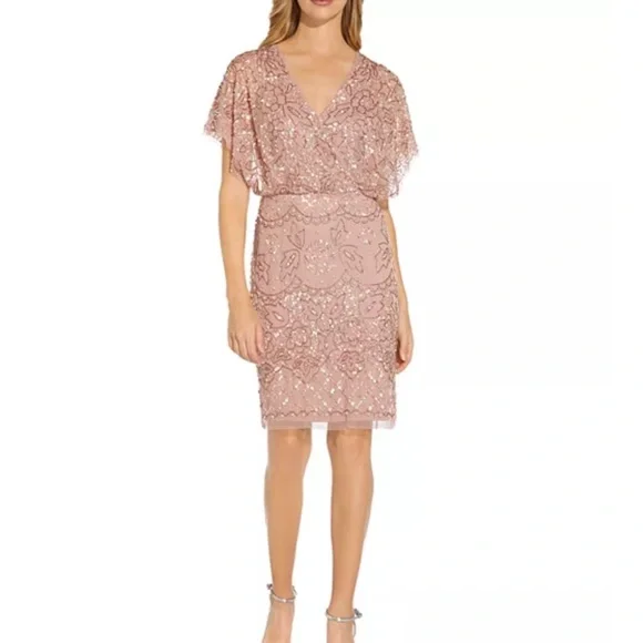 Adrianna Papell Candied Ginger Beaded Mesh Blouson Dress NWT - Picture 5 of 16